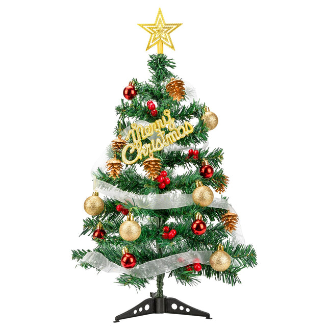 2ft Mini Christmas Tree - Artificial Desktop Decorative Tree with Ribbons, Balls, Pinecones, Colorful Ornaments, and Star Topper, Perfect for Tabletop Display Small Xmas Tree