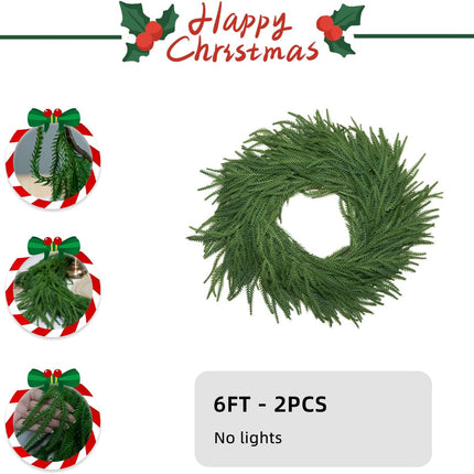 2Pcs 6FT Artificial Norfolk Pine Garlands, Real Touch Winter Christmas Pine Tree Wreath, Green Artificial Greenery Garland for Christmas Holiday Seasonal Indoor Home Decor Mantle