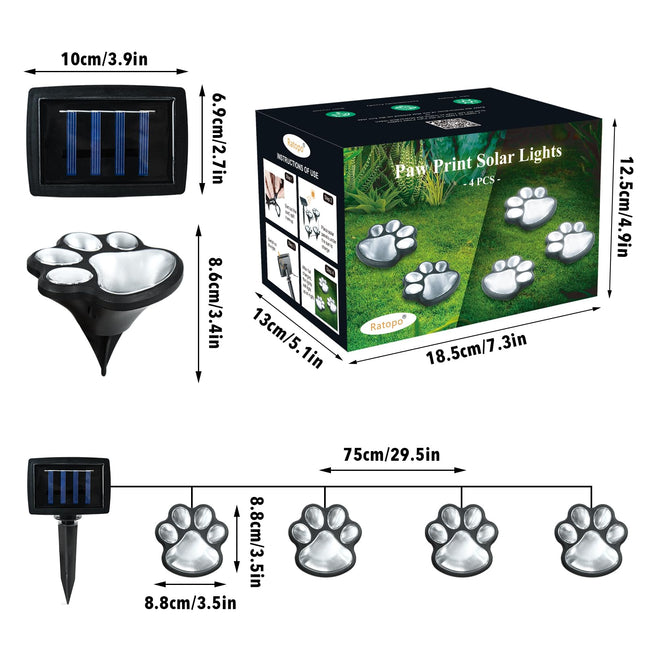 Animal Paw Print Solar Lights Outdoor Garden Decor, 4 Pack Paw Print Lights with Cord, IP55 Waterproof Yard Pathway Decor Light, Cold White Color Lights, Home Birthday Christmas