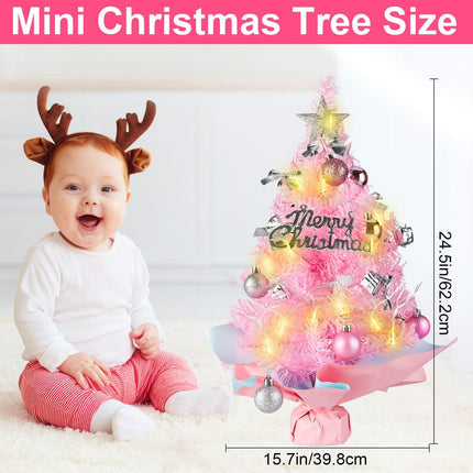 Pink Tabletop Christmas Tree with Lights, 24inch/2ft Mini Pink Christmas Tree, Pink Tabletop Christmas Tree with Star Treetop, Bow Boxes and Ball Ornaments for DIY Christmas Decoration