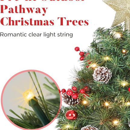 33 inch Christmas Trees with LED Lights 2 Pack, Outdoor Prelit Christmas Trees, Small Artificial Christmas Tree with Ornaments for Porch, Driveway, Yard, Garden