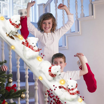 Polar Bear Christmas Staircase Decorations Set Banister Christmas Decorations with 4PCS Skiing Polar Bears & Artificial Snow & LED Lamp Belt, for Home Interior Christmas Stairs Decorations
