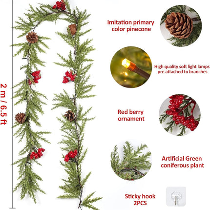 RECUTMS 6.5Ft Christmas Garland Decorations with Lights Artificial Red Berries and Pinecones Xmas Decorations for Home Wall Decor （Red Berries）