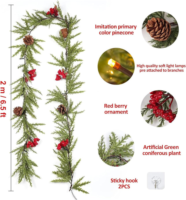 RECUTMS 6.5Ft Christmas Garland Decorations with Lights Artificial Red Berries and Pinecones Xmas Decorations for Home Wall Decor （Red Berries）