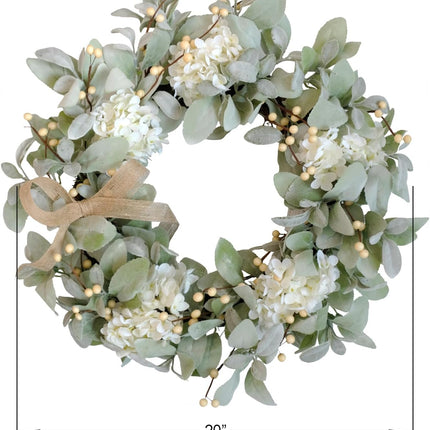 Idyllic 20 Inch Lambs Ears Leaves Everyday Wreath with Ivory Hydrangea and Cream Berries, Spring Summer Greenery Wreath with Burlap Ribbon Bow Knot for Doors, Rustic and Farmhouse Style Home Decor