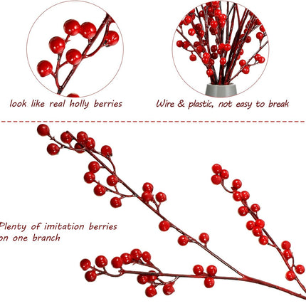 WILLBOND Artificial Red Berry Stems 21.6 Inch Christmas Red Berries Holly Berry Branches for Christmas Tree Year Decor DIY Craft (8, Simple Style)