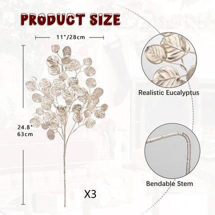 Hollyone 24.8” Christmas Tree Picks and Sprays 3Pcs Champagne Artificial Eucalyptus Stems Eucalyptus Silver Dollar Leaves Branches Floral for Xmas Tree Garland Wreath Centerpieces Wedding Decor