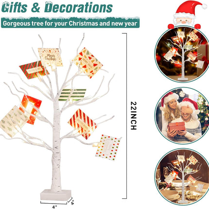 PEIDUO Christmas Decorations, 22 Inch Card Tree Holder with 8 Clips and 8 Christmas Cards, Lighted Tabletop Money Tree, for Christmas,Birthday Wedding,Battery Powered, 6H/18H Timer (White)