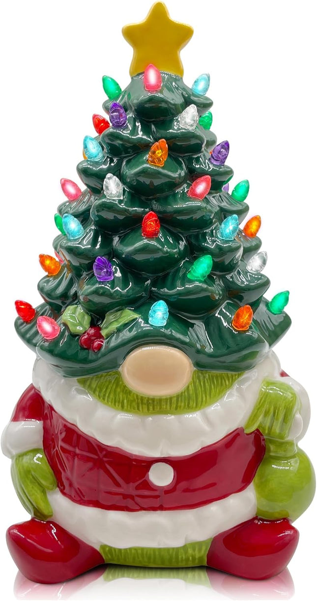 pinata Ceramic Christmas Tree Lighted, Christmas Gnome s for Women Men Kids, Light up Mantle Table Decor Christmas Decorations Indoor Green Gnome Table Centerpieces for Living Room