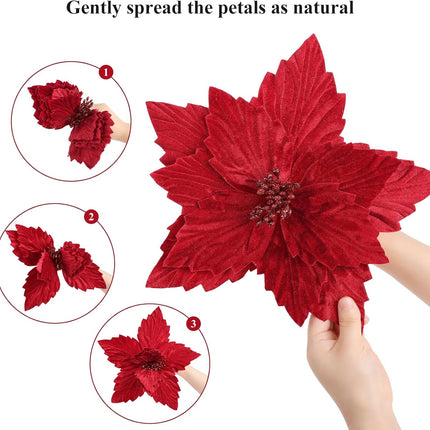 SHACOS 10 pcs 11.8" Artificial Christmas Red Poinsettia Flowers Clips on Large Velvet Floral Picks Christmas Tree Ornaments Wreath Garland Decoration Indoor Outdoor