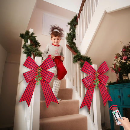 24'' x 14'' Prelit Large Christmas Bows Decorations with 8 Modes Timer Remote, 20 Lights Black Red Buffalo Plaid Xmas Wreath Bow for Christmas Tree Topper Garland Outdoor Indoor Home (Battery Powered)