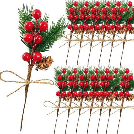 TIHOOD 20PCS 8inch Pine Cone Red Berry Picks Stems Crafts Branch Christmas Wreath, Holly Artificial Evergreen Branches Tiny Pine Cones Picks Décor Floral Picks for Christmas Flower Wreaths DIY