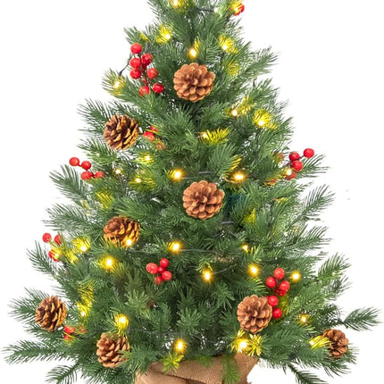 Mini Christmas Tree Small Tabletop Artificial Xmas Tree 2 FT 8 Lighting Modes, Battery-Operated Christmas Decor Ornaments Cement Base