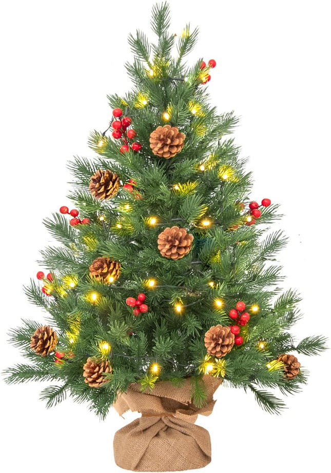 Mini Christmas Tree, Small Tabletop Artificial Xmas Tree 2 FT with 50 LED Lights & 8 Lighting Modes, Battery-Operated Christmas Decor Ornaments & Cement Base (1)
