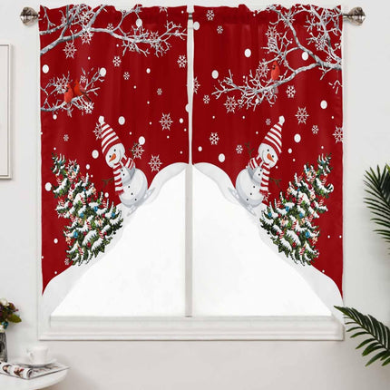 Christmas Swag Curtains,Snowman Kitchen Swag Curtains Xmas Tree Rod Pocket Valances Tier Pair Swag Topper,Bird Branch Snowflake Red 2 Panels Window Treatment for Bathroom Living Room Bedroom