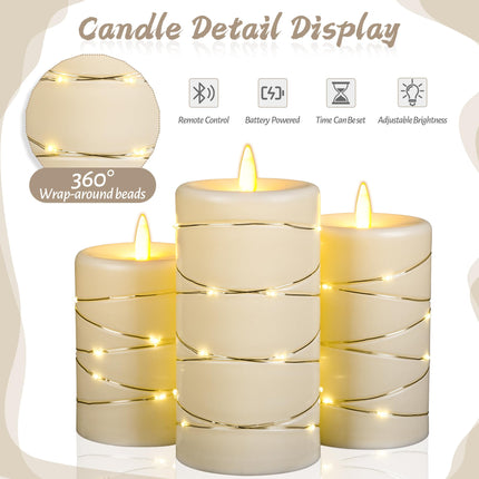 Upinmz Flickering Flameless Candles with String Lights, Battery Operated Candles, LED Candles Unbreakable Acrylic Candles with with Remote Control and Timer -3 Pack Ivory White