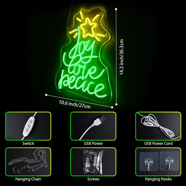 Christmas Tree Neon Sign, Xmas Trees Peace Love Joy Christmas Decoration, USB Powered Led Merry Christmas Neon Light Up Sign for Wall Decor, Xmas Led Sign for Home Holiday Year Party Backdrop