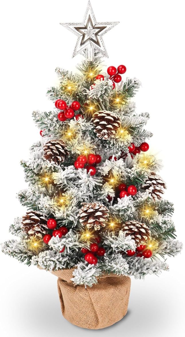 HOXHA Mini Christmas Tree, 22 Inch Small Tabletop Set, Star Tree Topper, Pine Cones Berries and Christmas Ornaments for Christmas Holiday Home Office Table Decorations, White