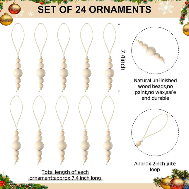 24 Pcs Christmas Wood Bead Ornament Boho Christmas Tree Ornaments Farmhouse Burlap Rope Natural Minimalist Wooden Decorations for Party Xmas Tree Hanging Wedding Home Garland DIY Crafts