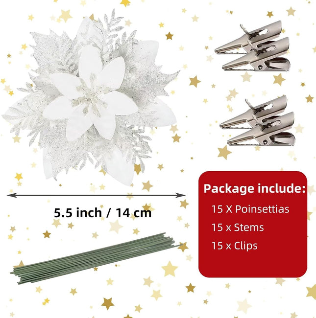 15 Pcs Christmas Flowers Artificial Poinsettia Flower Decorations with Clips and Stems, Glitter Christmas Poinsettia Decorations, Christmas Tree Ornaments for Party Wreath DIY（White）