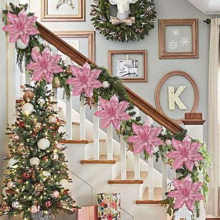 Briful 9'' Christmas Poinsettia Flowers 8PCS Pink Glitter Artificial Flowers Large Christmas Ornament Flowers for Xmas Tree Wreath Garland Decoration