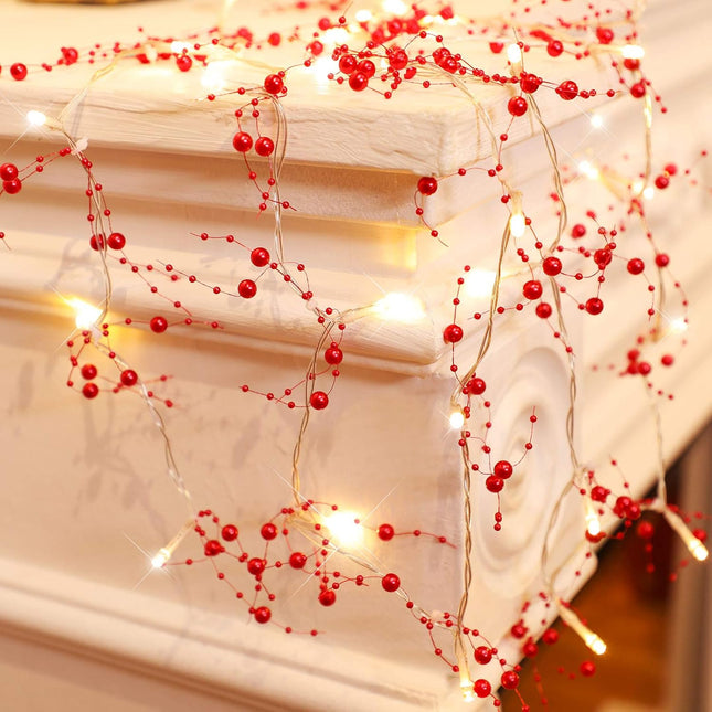 Mudder 30 LEDs Christmas Fairy Lights with Mistletoe Decoration Berry Beaded Garland for Christmas Home Indoor Decor (Red)