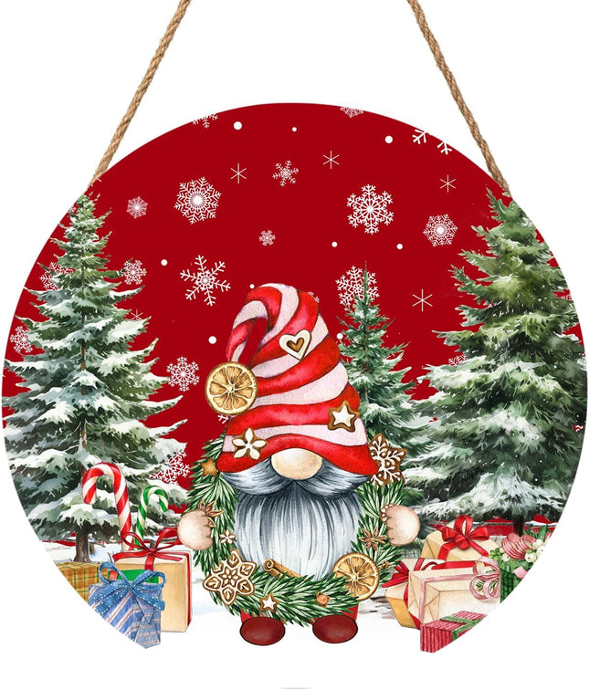 Christmas Gnome Welcome Sign for Front Door Merry Christmas Door Hanger 12”x12” Christmas Dwarf Xmas Holiday Snowflake Wooden Hanging Sign Outdoor Outside Porch Decor Winter Christmas Wreath for Home