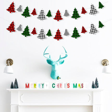 2 Pieces Felt Christmas Tree Garland Banner for Christmas Decorations, Buffalo Plaid Garland for Christmas Tree, Christmas Hanging Decorations for Mantle Fireplace Home Decor
