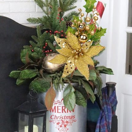 2PCS Christmas Tree Picks Gold Christmas Floral Pick 19.7" Christmas Stems with Ornaments Glitter Leaves Berries Artificial Poinsettia for Xmas Tree Filler Branches Garland Wreath Centerpieces Decor