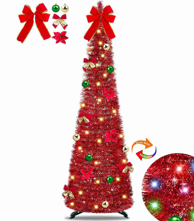 [ Timer ] 5 Ft Pop Up Christmas Tinsel Tree, Red Collapsible Christmas Tree with 50 LED Color Light 18 DIY Ball Ornaments Bowknot Boxes Battery Operated Pencil Xmas Tree Decor Indoor Home