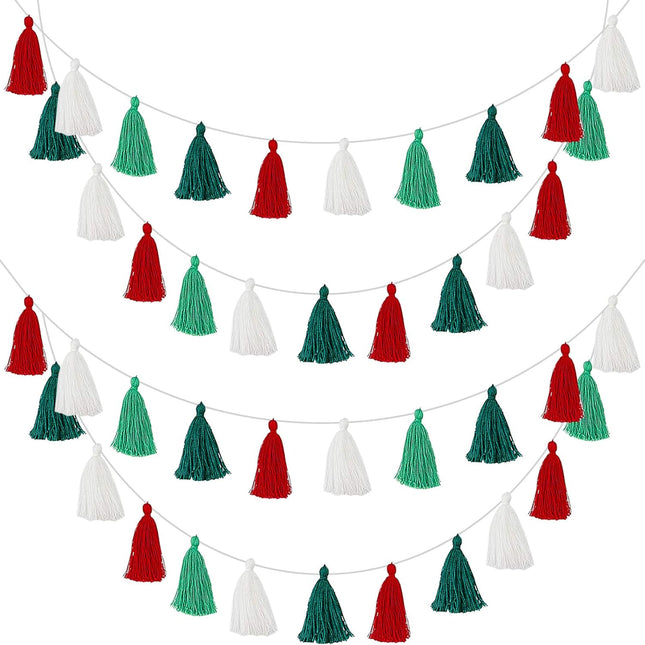 WILLBOND 4 Pieces Christmas Tassel Garland Merry Christmas Felt Garland Tassel Banners Decoration for Christmas Tree Classroom Home Supplies(3.1 Inch,Red, White, Light Green, Dark Green)