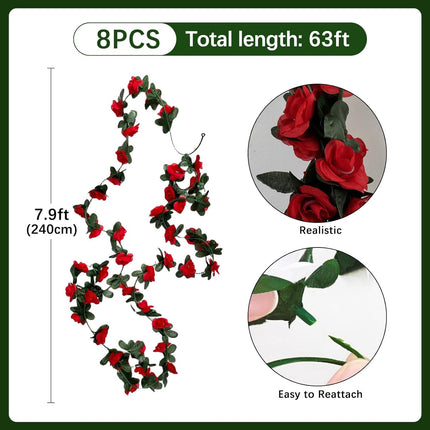8Pcs 63Ft Red Rose Garland, Fake Flower Garland Rose Vines, Artificial Rose Vine Flowers, Rose Hanging Flowers Garland for Party Wedding, Garden, Room Table, Christmas, Backdrop Wall Arch Decor