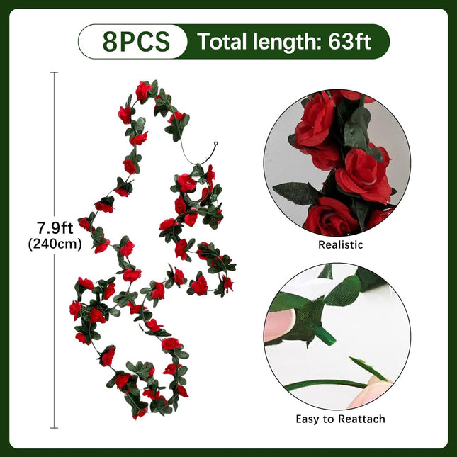 8Pcs 63Ft Red Rose Garland, Fake Flower Garland Rose Vines, Artificial Rose Vine Flowers, Rose Hanging Flowers Garland for Party Wedding, Garden, Room Table, Christmas, Backdrop Wall Arch Decor