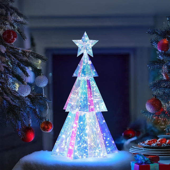 Prismatic Iridescent Christmas Tree, Desktop Christmas Tree with LED Lights, Colorful Glow Lights Prismatic Christmas Decorations Indoor, for Kids Girls Families (Christmas Tree M)