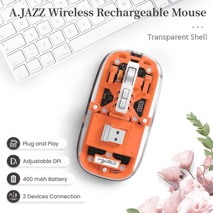 A.JAZZ Wireless Bluetooth5.1&2.4G Mini Lightweight Mouse,Transparent Clear Cool,Rechargeable Silent Computer Mice,Nano USB C Receiver,LED Battery Magic Silm For Office/PC/Mac/Laptop/Apple/ipad(Orange)