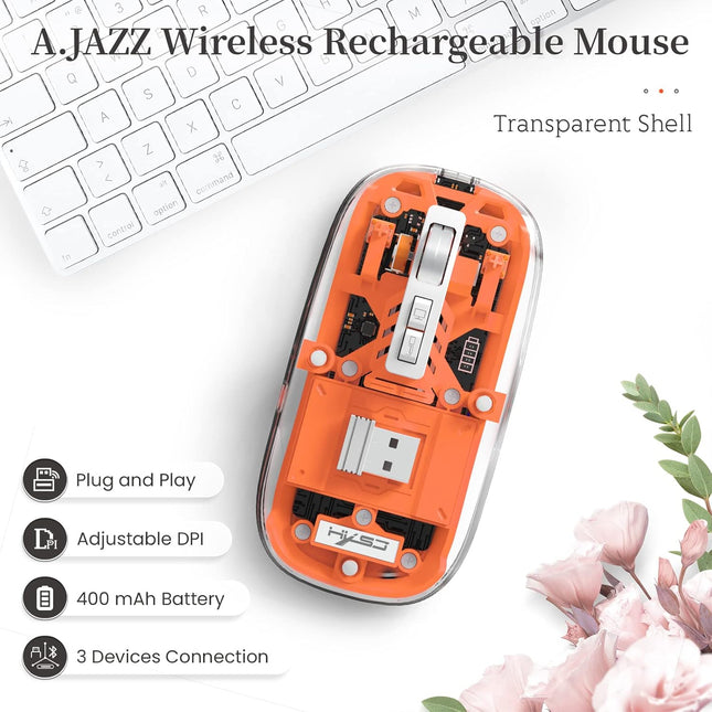 A.JAZZ Wireless Bluetooth5.1&2.4G Mini Lightweight Mouse,Transparent Clear Cool,Rechargeable Silent Computer Mice,Nano USB C Receiver,LED Battery Magic Silm For Office/PC/Mac/Laptop/Apple/ipad(Orange)