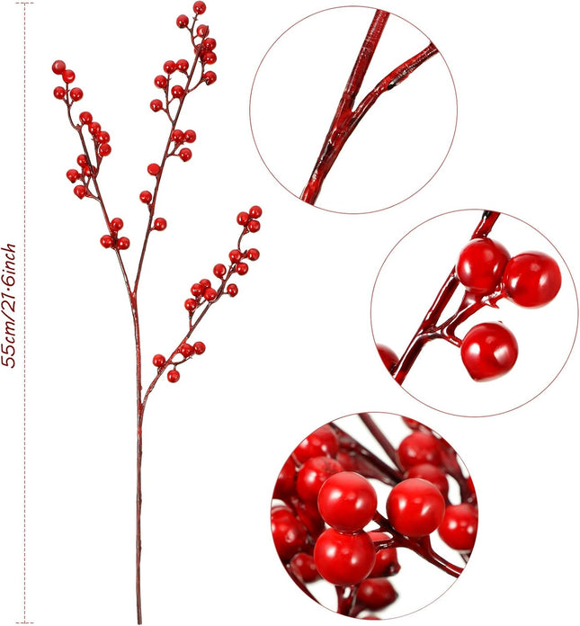 WILLBOND Artificial Red Berry Stems 21.6 Inch Christmas Red Berries Holly Berry Branches for Christmas Tree Year Decor DIY Craft (8, Simple Style)