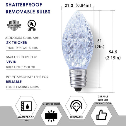 25 Pack C7 Cool White LED Replacement Christmas Light Faceted Bulbs, 0.72W, 2 SMD LEDs in Each Light Bulb, E12 Base, Commercial Grade Replacement Bulbs Dimmable Waterproof