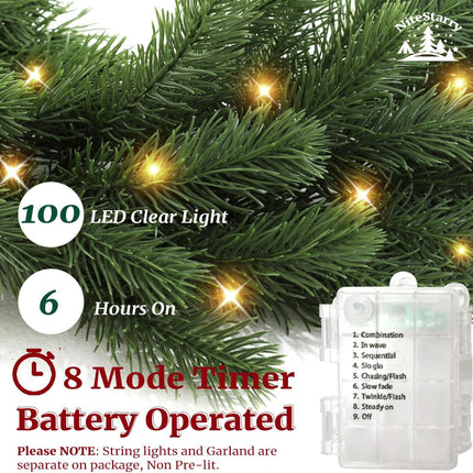 2 Pcs Battery Operated Christmas Garland, 6 FT Greenery Garland with 100 LED Lights String Christmas Decorated Table Mantle Background Wall Room Outdoor Indoor Winter Decoration