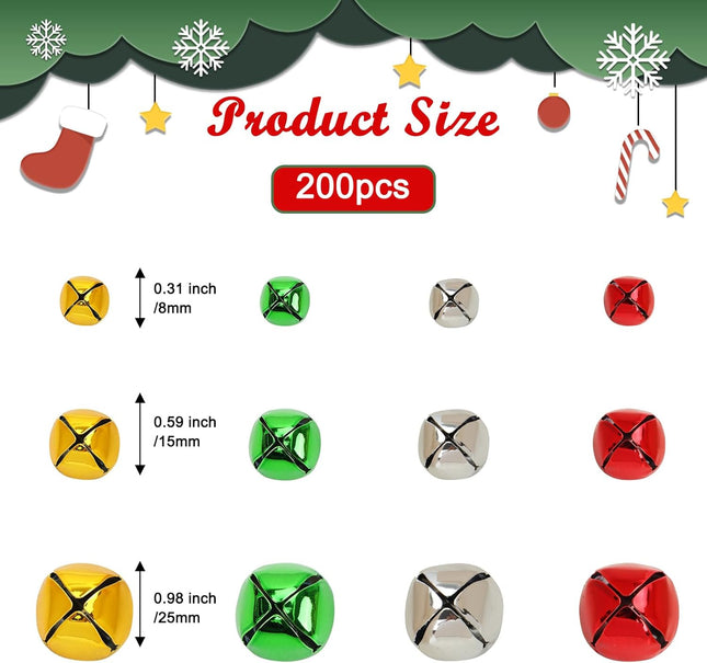 CEWOR 200 Pieces Colorful Jingle Bells Bulk for Crafts (0.4/0.8/1 Inch) Small Bells DIY for Christmas Wreath Decoration Holiday Home and Pet Bells Crafting