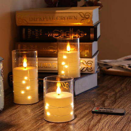 Flashing Flameless Candle with String Light, Battery Powered Candle, Recessed String LED Candle, Indestructible Plexiglass Candle with Remote Control, Set of 3, Ivory White
