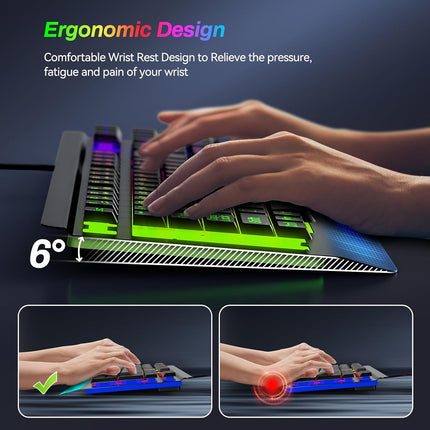 Large Print Rainbow Backlit Gaming Keyboard, Wired USB Light Up Computer Keyboard with Big Letters Keys,12 Multimedia Keys, Wrist Rest, All-Metal Panel,Full Size Keyboard, for PC,Laptop