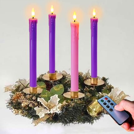 Set of 4 LED Christmas Advent Candle Lights, Battery Operated Taper Candles for Advent Wreath, 3 Purple 1 Rose Flickering Wax Flameless Candles for Holiday School Church Advent Celebration