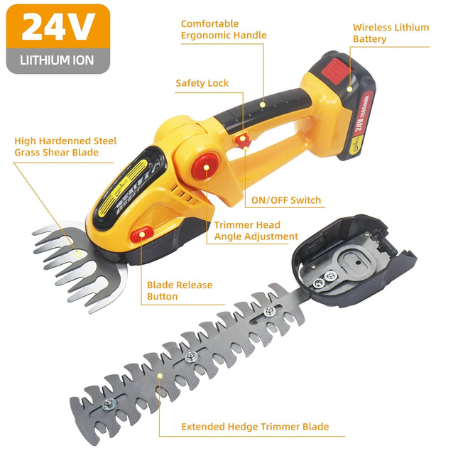 Cordless Grass Shear & Shrubbery Trimmer, Huhomco Portable 2-in-1 Hedge Trimmer 24-V Electric Grass Clippers with Curved Blade Garden Pruning Shears,Charger,2pcs Rechargeable Battery