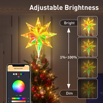 Smart Christmas Star Tree Topper, 15.5" Holographic 3D Star Treetop App Programmable Dimmable Tree Topper with 20 RGB LEDs Lights Xmas Star Tree Topper for Christmas Tree Party Home Holiday Decor