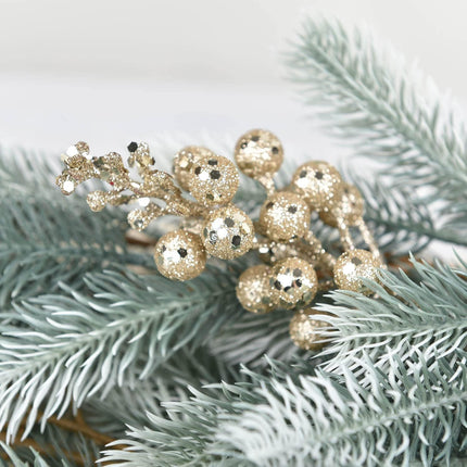 20 Pack Christmas Glitter Berries Stems, 8 Inch Champagne Artificial Christmas Picks for Christmas Tree Ornaments, DIY Xmas Wreath, Crafts, Holiday and Home Decor (Champagne)
