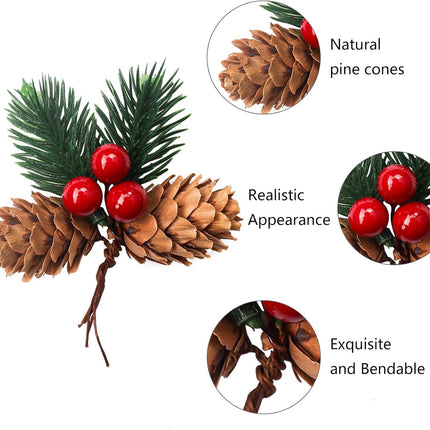 15 Pcs Artificial Pine Cone Picks and Red Berry,Mini Artificial Pine Tree for Christmas Party Flower Wreaths and Holiday Decorations