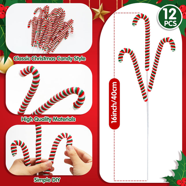 12 Pcs 16 Inch Christmas Plush Stuffed Candy Cane Ornaments Christmas Tree Picks Striped Xmas Tree Topper Decor for Home Vase Fller DIY Crafts Party Supplies(Red, White, Green)