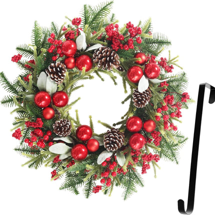 Super Holiday Artificial Christmas Wreath, Front Door Wreaths Decorations for Home, Party, Holiday, Thanksgiving, Xmas Decor - with Wreath Hanger, Green/Red.