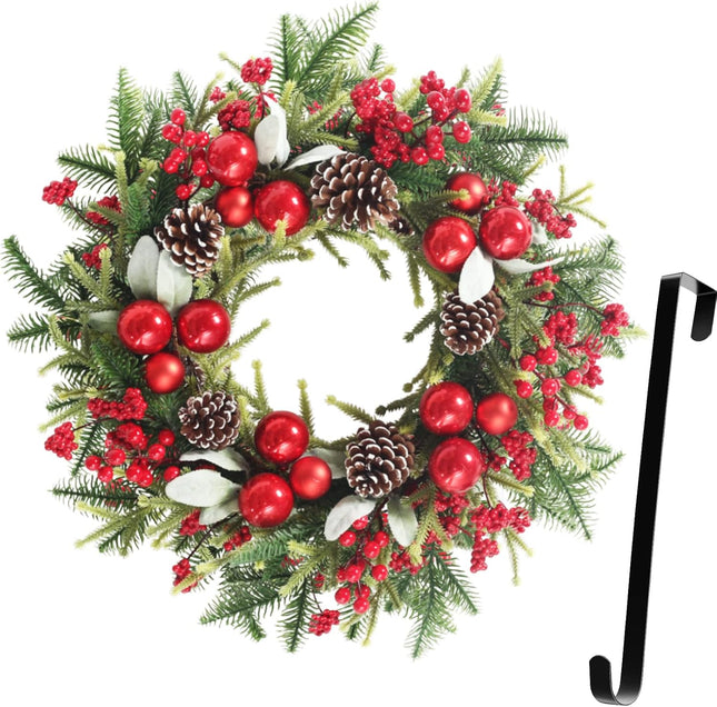 Super Holiday Artificial Christmas Wreath, Front Door Wreaths Decorations for Home, Party, Holiday, Thanksgiving, Xmas Decor - with Wreath Hanger, Green/Red.
